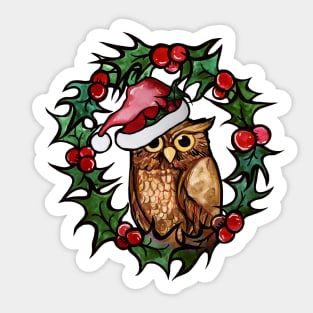 Christmas Owl With Cute Santa Hat and Wreath Sticker